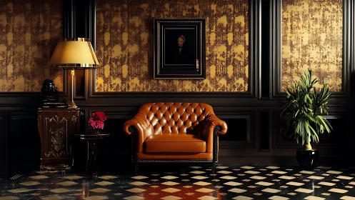 Luxurious tufted leather loveseat in baroque lounge interior