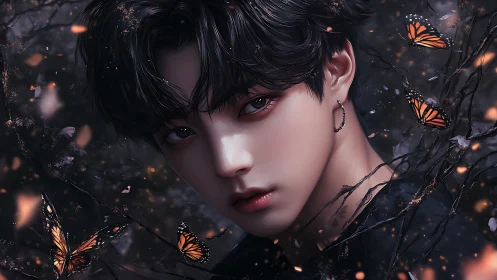 Androgynous portrait intersects monarch butterflies in dusk forest