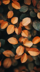Golden autumn leaves glow gently against a soft dark forest