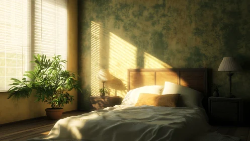 Sunlit bedroom with houseplant and textured wall decor.