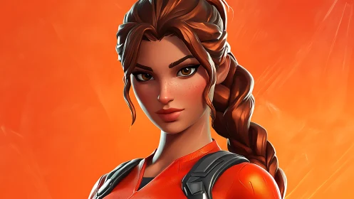 Stylized female character portrait with orange background.