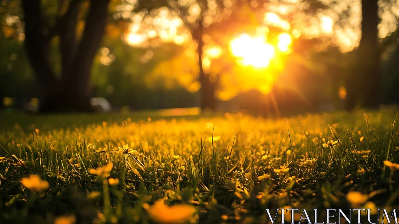 Golden sunset light across meadow grass and flowers.