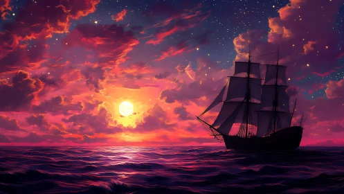 Sailing vessel silhouette crosses ocean under luminous sky