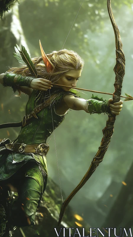 Forest elf archer draws a poised arrow in glowing woodland