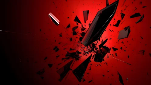 Abstract black glass shards exploding on vivid red background.