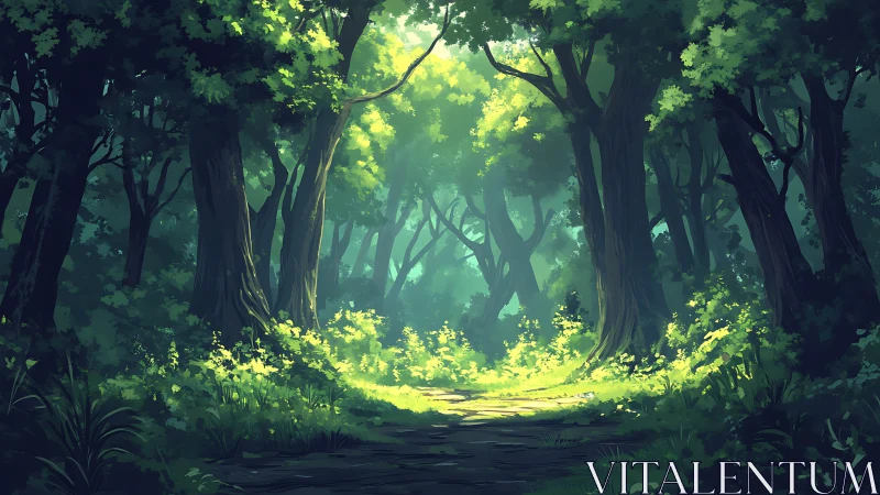 Enchanted Forest Path Through Morning Light.
