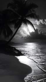 Moonlit palm silhouette over serene black and white shore.