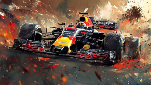 Formula car racing through abstract painted sparks.