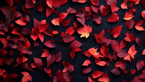 Red autumn leaves scattered on dark textured background.