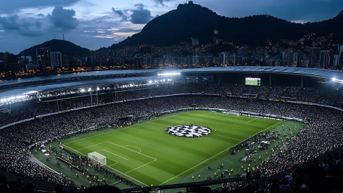 Floodlit football stadium captures panoramic evening atmosphere