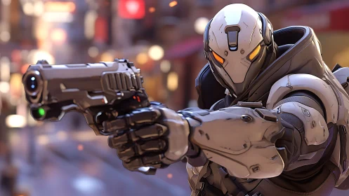 Armored cybernetic operative aims sidearm in shallow depth-of-field urban scene