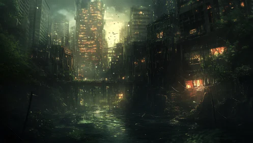 Emerald floodlights bathe a haunted cyberpunk river city.