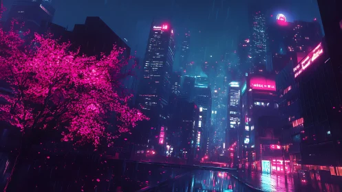 Neon sakura glow over rain-drenched cyberpunk skyline.