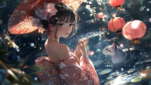 Girl in pink kimono by lantern lit water with swimming cat.