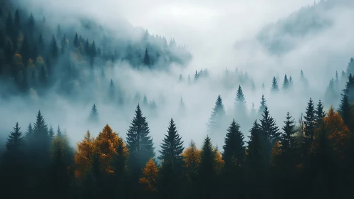 Mist-Draped Evergreens Dance Through Autumn's Mystical Embrace