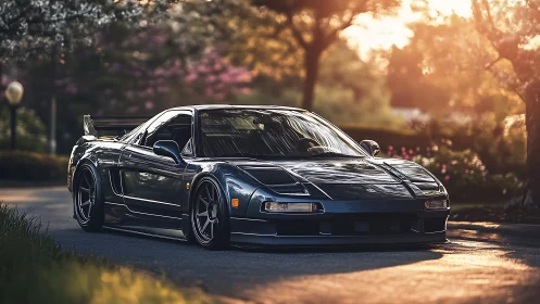 Modified black sports coupe parked on a sunlit suburban road