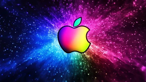 Neon apple silhouette warps through a prismatic space burst