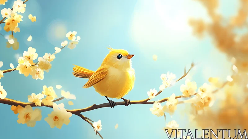 Yellow bird perched on branch with white flowering blossoms against blue sky