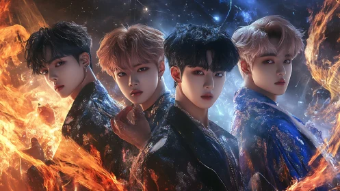 Four Figures in Celestial Fire: Digital Fantasy Portrait Composition.