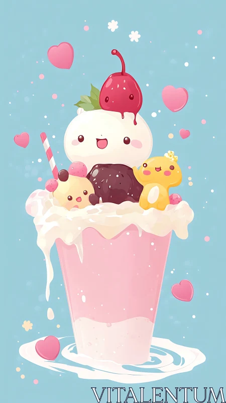 Sweethearted milkshake friends in a pastel daydream.