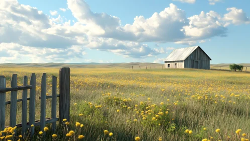 Sunlit prairie barn under expansive cumulus cloud field