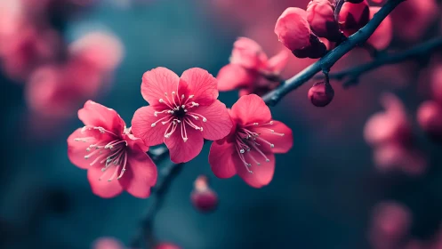 Vibrant Pink Blossoms Dancing on Deep Teal Canvas.