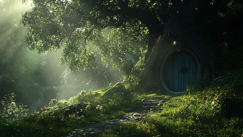 Forest hobbit door glows under dappled morning light.