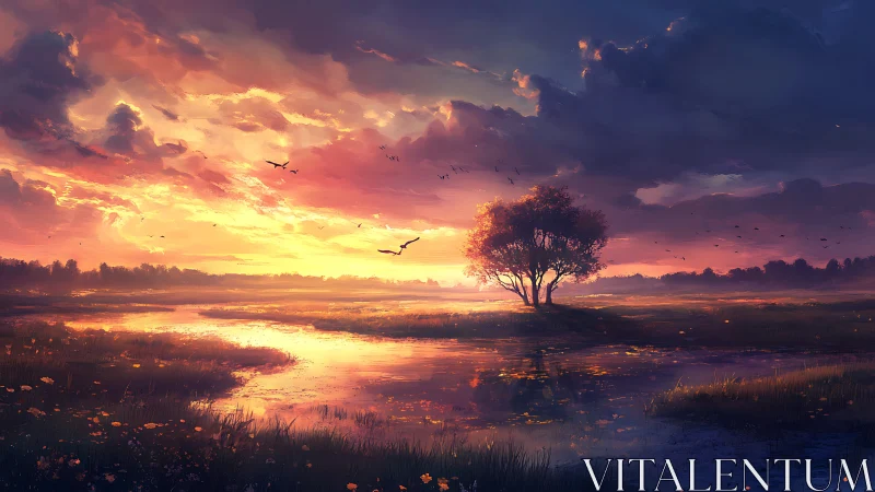 Solitary riverside tree glows under blazing sunset sky.