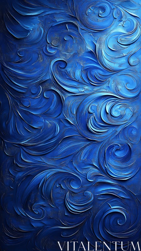 Impasto blue swirl relief exhibits dense layered vortex structures