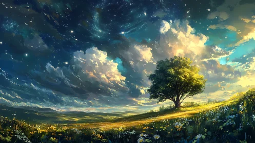 Lone tree under a swirling sky of stars and golden clouds.