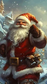 Majestic Santa strides through luminous snowy village night.