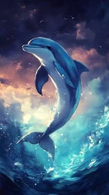 Dolphin leaps vertically from turbulent ocean against dusk sky