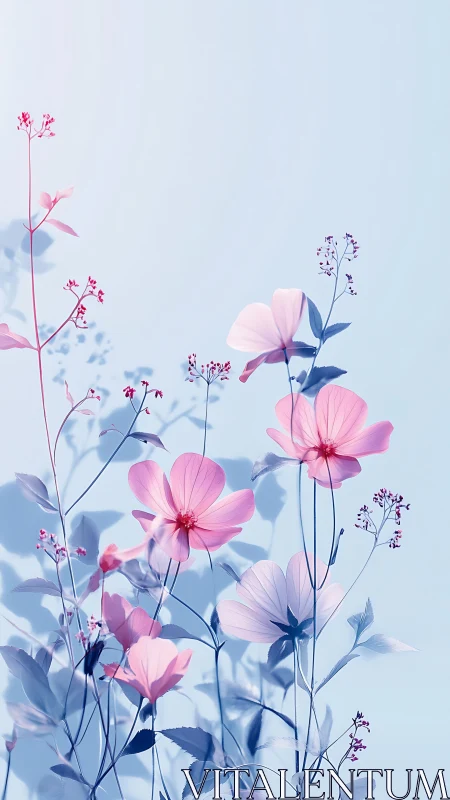 Delicate Cosmos Flowers Against Soft Blue Palette.