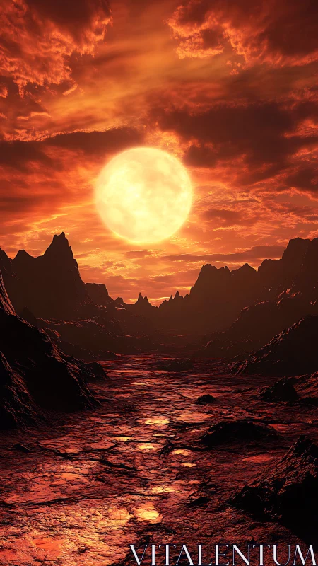 Stellar object over rocky plain under dense stratified clouds