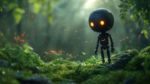 Small bipedal robot stands in sunlit forest clearing