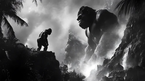Misty jungle standoff between towering gorilla guardians.