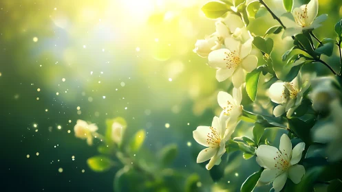 Sunlit jasmine blossoms drift through glittering spring air.
