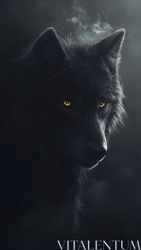 Black wolf portrait with glowing yellow eyes in darkness.
