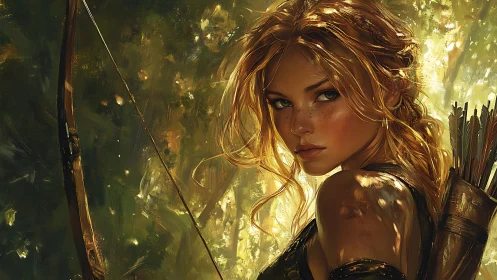 Female archer in dappled forest light with bow and quiver.