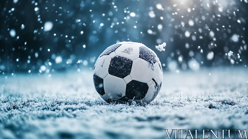 Snow covered soccer ball resting on frozen grass field.