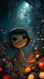Child with headphones wandering luminous alien forest.