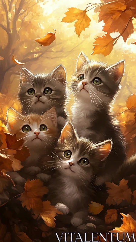 Four Kittens in Autumn Gold Enchanted Forest.