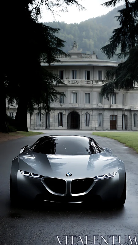 Photorealistic BMW concept coup&eacute; before neoclassical villa fa&ccedil;ade.