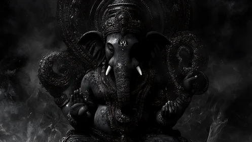 Digital painting of ornate dark Ganesha icon in chiaroscuro.
