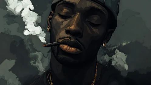 Smoky portrait of a man in cap rendered as stylized digital painting