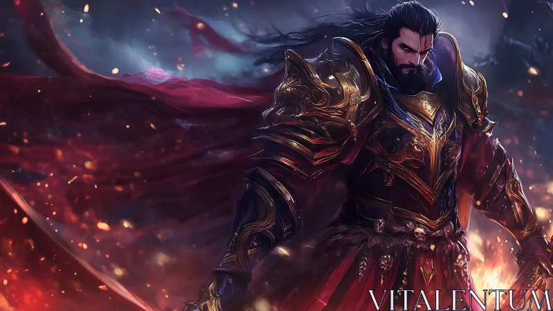 Ember-crowned warlord strides through a storm of falling sparks