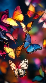 Multicolored butterflies in flight against blurred background.