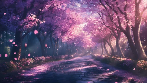 Gentle cherry blossom lane glows softly in evening light