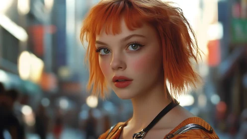 Cinematic portrait with orange bob on blurred city street.