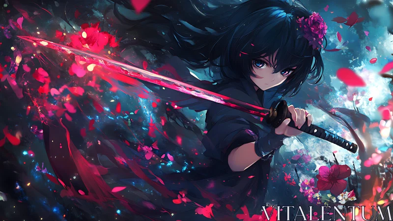 Midnight swordswoman carves nebulae through falling petals